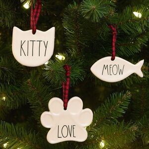 Rae Dunn Cat Lover Ornament Set Kitty Paw Fish Meow Love Ceramic Christmas NIB